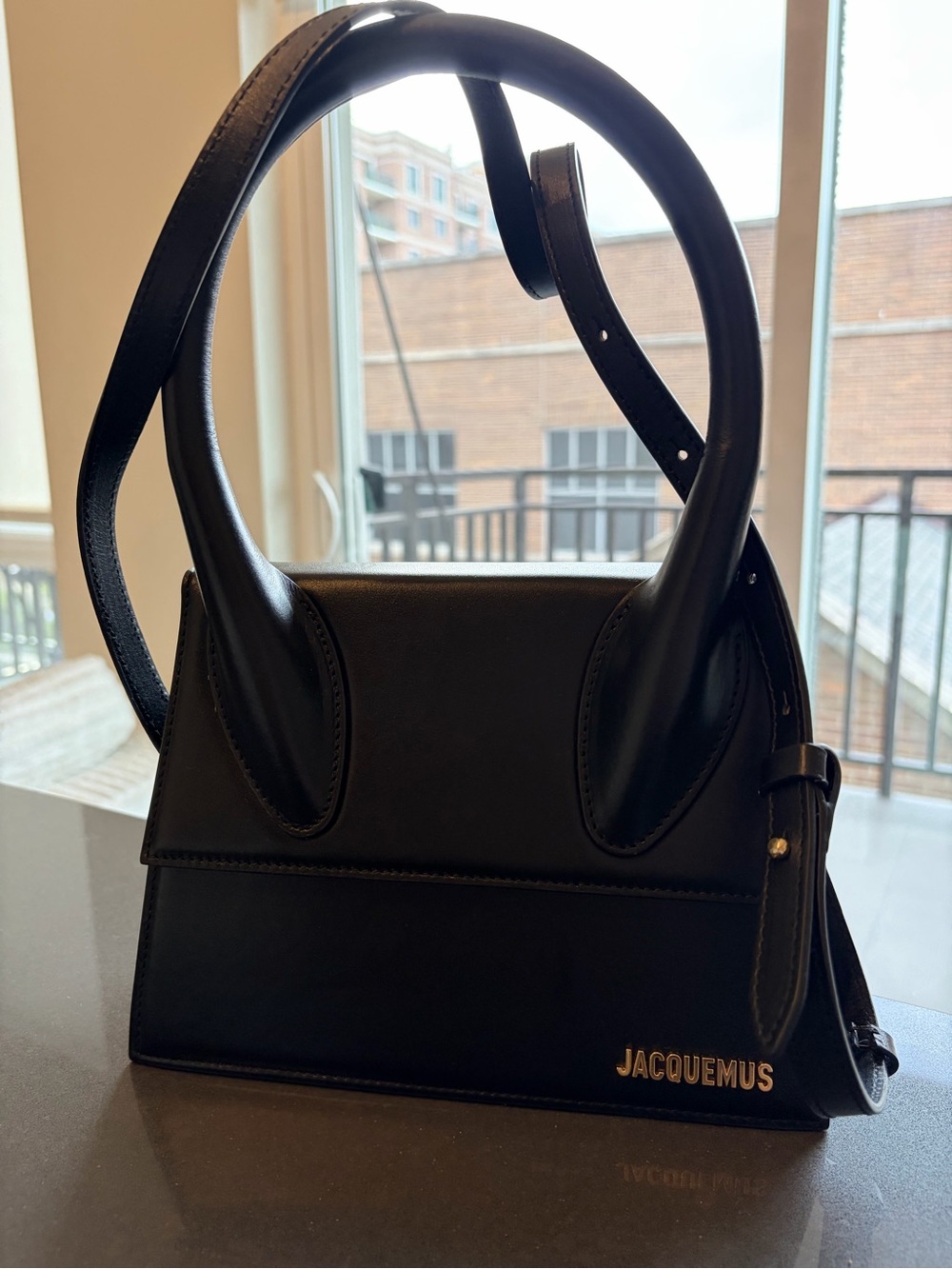 Jacquemus Black Leather Mini Shoulder Bag with Gold Logo
